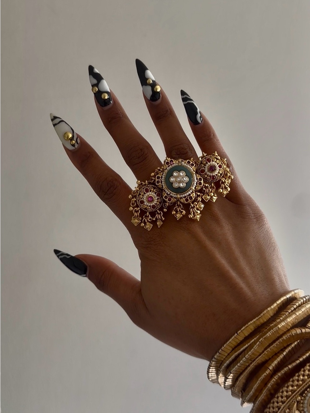Gold-Plated Floral Kundan Midi Ring with Green Enamel Center